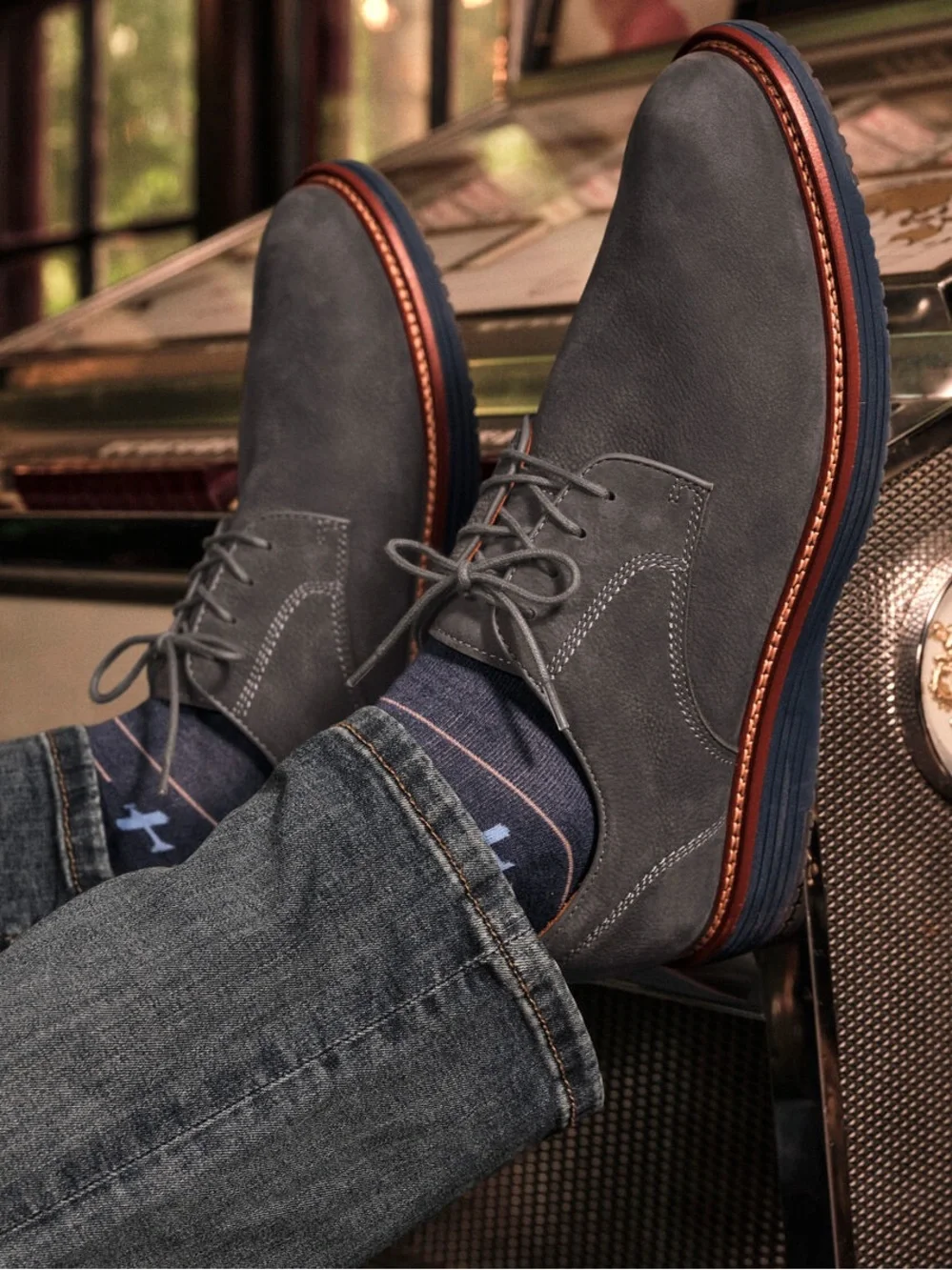 $169 Johnston & Murphy Upton Gray Lace-Up Derby Shoes with Brown Trim